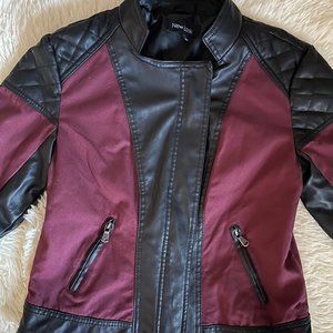 Women Burgundy and Black Faux Leather Biker Jacket - M/L